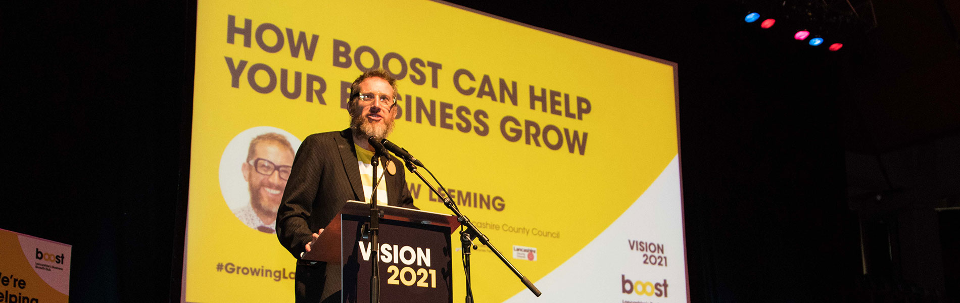 Boost programme manager Andrew Leeming making a speech vision 2021 closeup