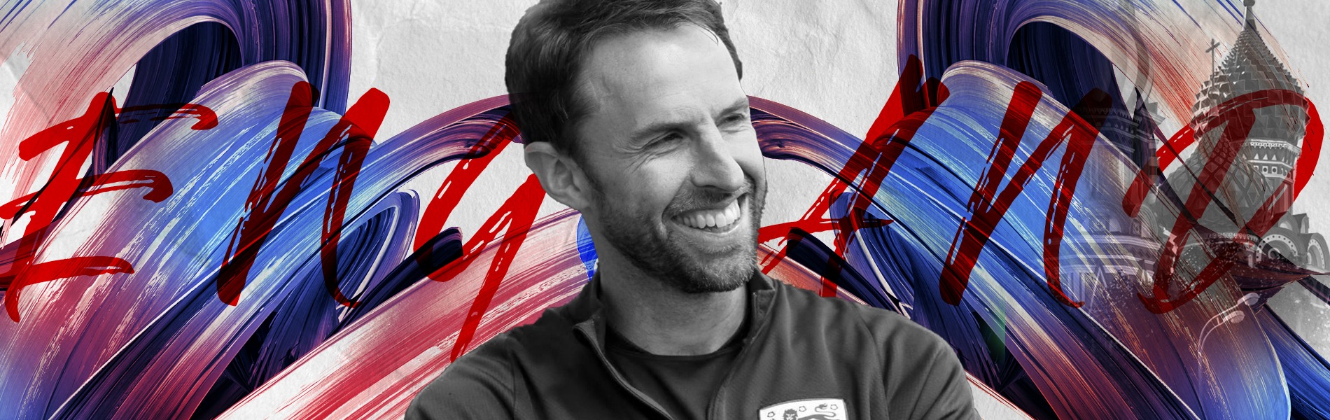 Freshfield Blog article header, England graffiti graphic with Gareth Southgate and St Basil's Russia